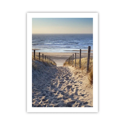 Poster - Sentiero tra le dune che conduce alla spiaggia al tramonto - 50x70cm - Rumore del mare, uccelli che cantano, spiaggia selvatica tra i cespugli... - Decorazione murale moderna per soggiorno e camera da letto ARTTOR