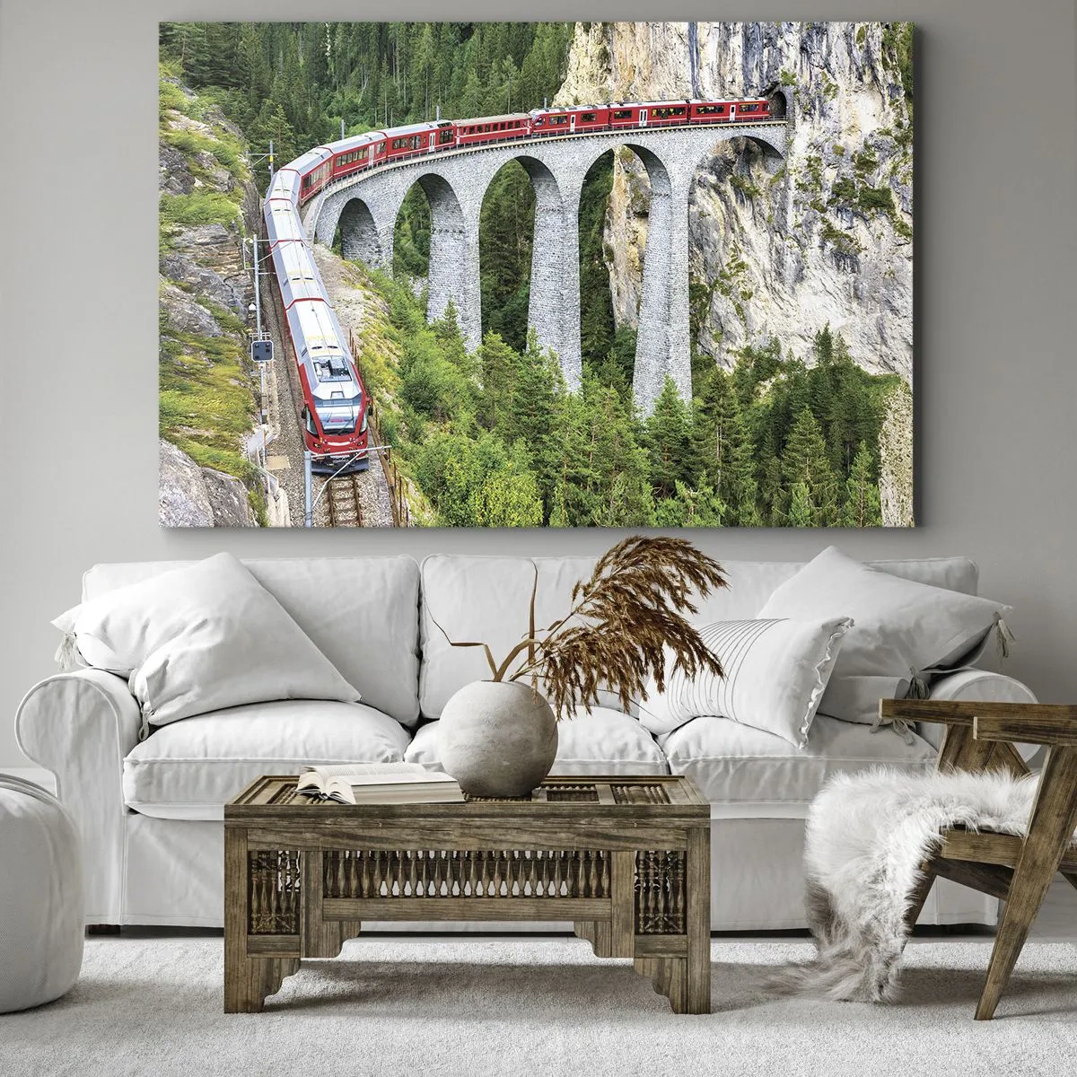 Quadro su tela - Stampe su Tela - Un treno su un pittoresco viadotto in un paesaggio montuoso - 120x80cm - Il treno tra i monti - Decorazione murale moderna per soggiorno e camera da letto ARTTOR