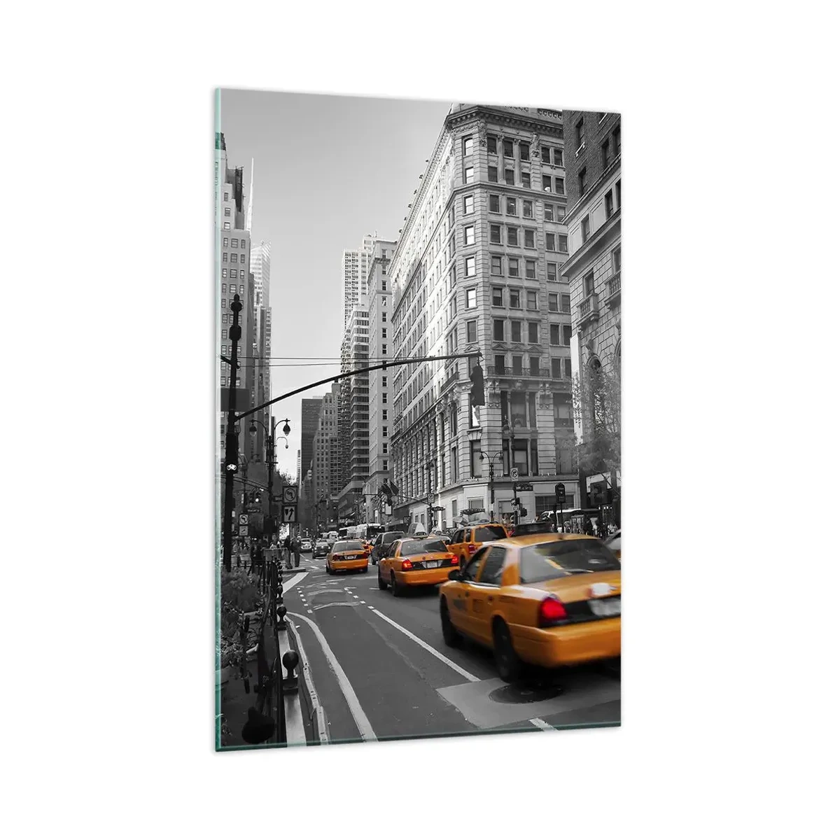 Quadro su vetro - Taxi gialli per le strade di New York - 80x120cm - Il sole della grande città - Decorazione murale moderna per soggiorno e camera da letto ARTTOR
