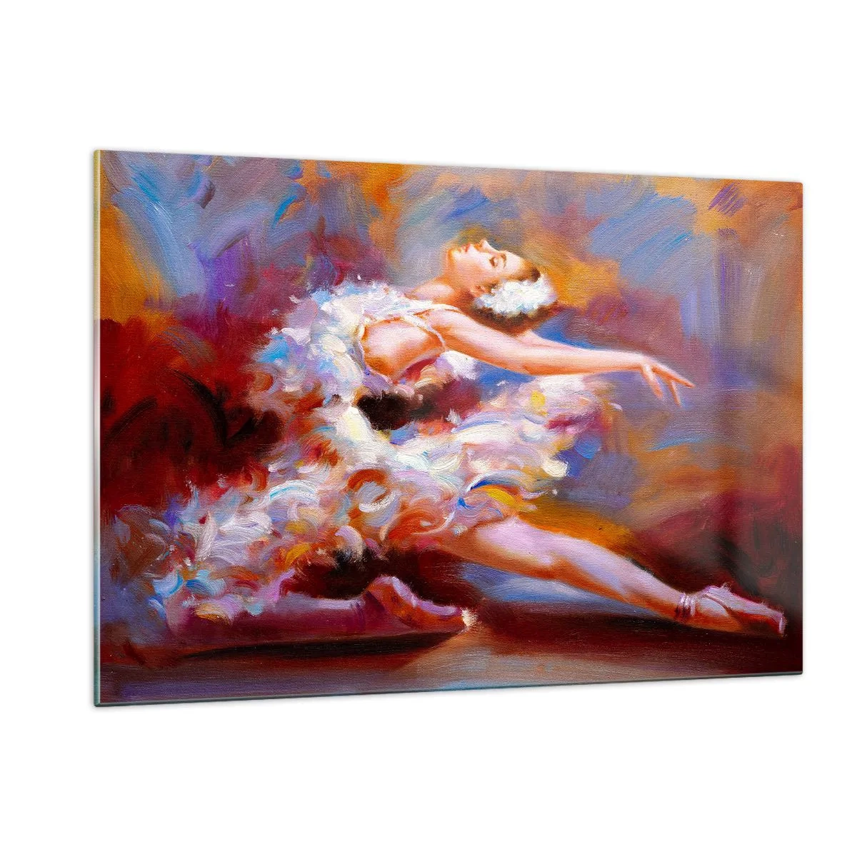 Quadro su vetro - Una ballerina in posa dinamica su uno sfondo di colori astratti. - 120x80cm - La grazia dei cigni - Decorazione murale moderna per soggiorno e camera da letto ARTTOR
