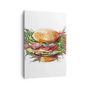 Quadro su tela - Stampe su Tela - Illustrazione artistica di un hamburger con elementi dinamici - 70x100cm - Una tentazione calda - Decorazione murale moderna per soggiorno e camera da letto ARTTOR