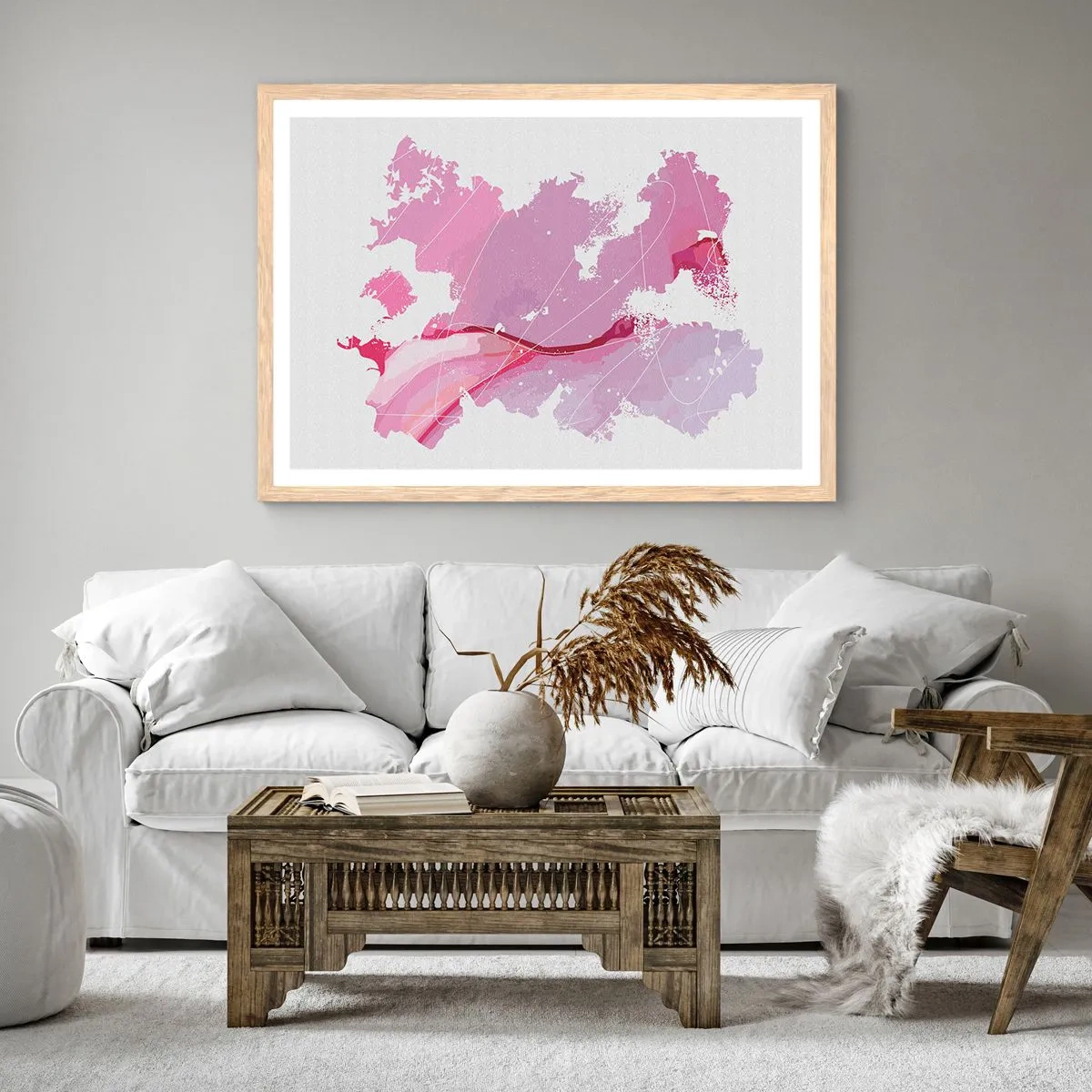 Poster in cornice rovere chiaro - Mappa del mondo rosa - 100x70 cm