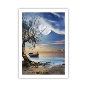 Poster - Paesaggio con una barca, un albero e la luna su uno sfondo di acqua calma - 50x70cm - È la fine o l'inizio? - Decorazione murale moderna per soggiorno e camera da letto ARTTOR