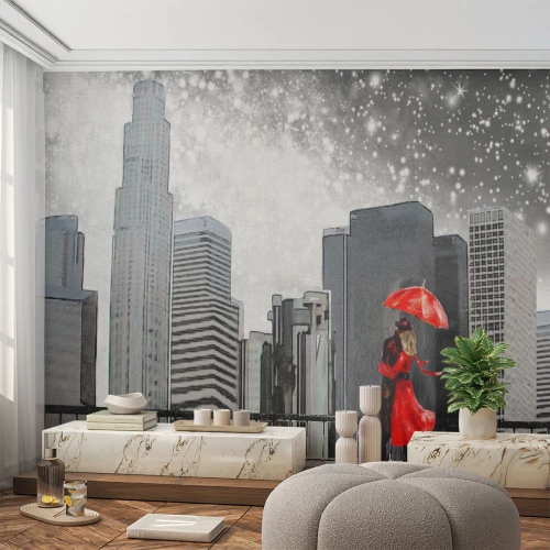 Fotomurali Premium Sand - Una coppia romantica in rosso sullo sfondo della città di notte - 100x70cm - L'uomo non è di pietra - Decorazione murale moderna per soggiorno e camera da letto ARTTOR