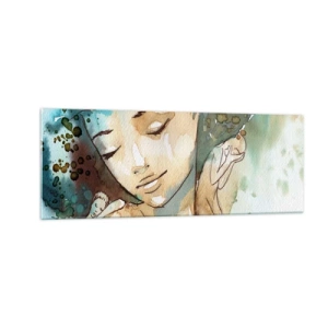 Quadro su vetro - Ritratto di una donna in delicati colori ad acquerello - 140x50cm - Lady in blue - Decorazione murale moderna per soggiorno e camera da letto ARTTOR
