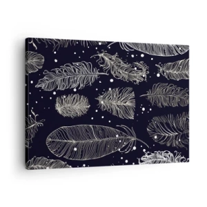 Quadro su tela - Stampe su Tela - Delicate piume bianche su sfondo blu navy - 70x50cm - Pizzo piumato - Decorazione murale moderna per soggiorno e camera da letto ARTTOR