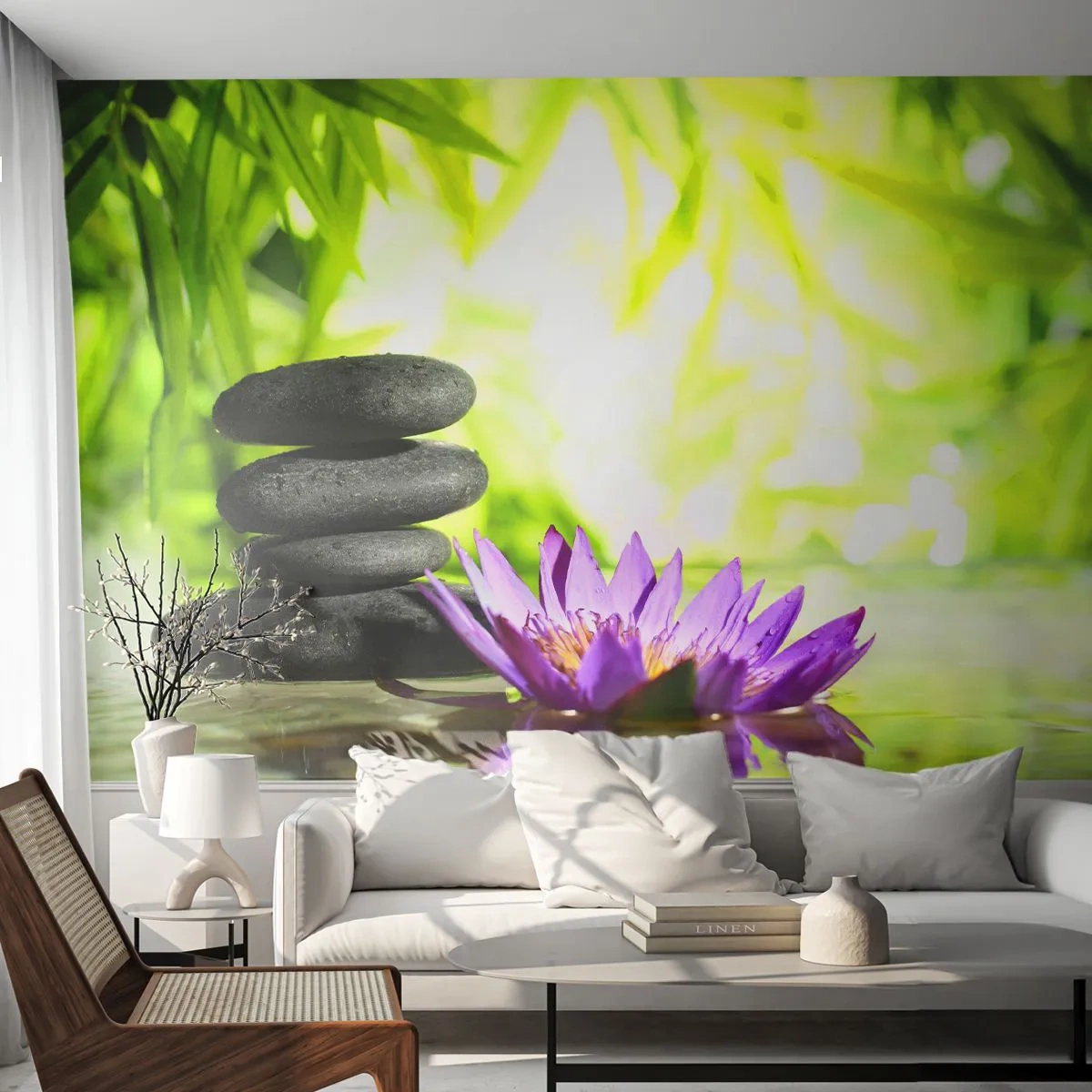 Fotomurali Premium Sand - Mucchi di pietre con loto viola in un ambiente tropicale - 100x70cm - In un cespuglio di bambù - Decorazione murale moderna per soggiorno e camera da letto ARTTOR