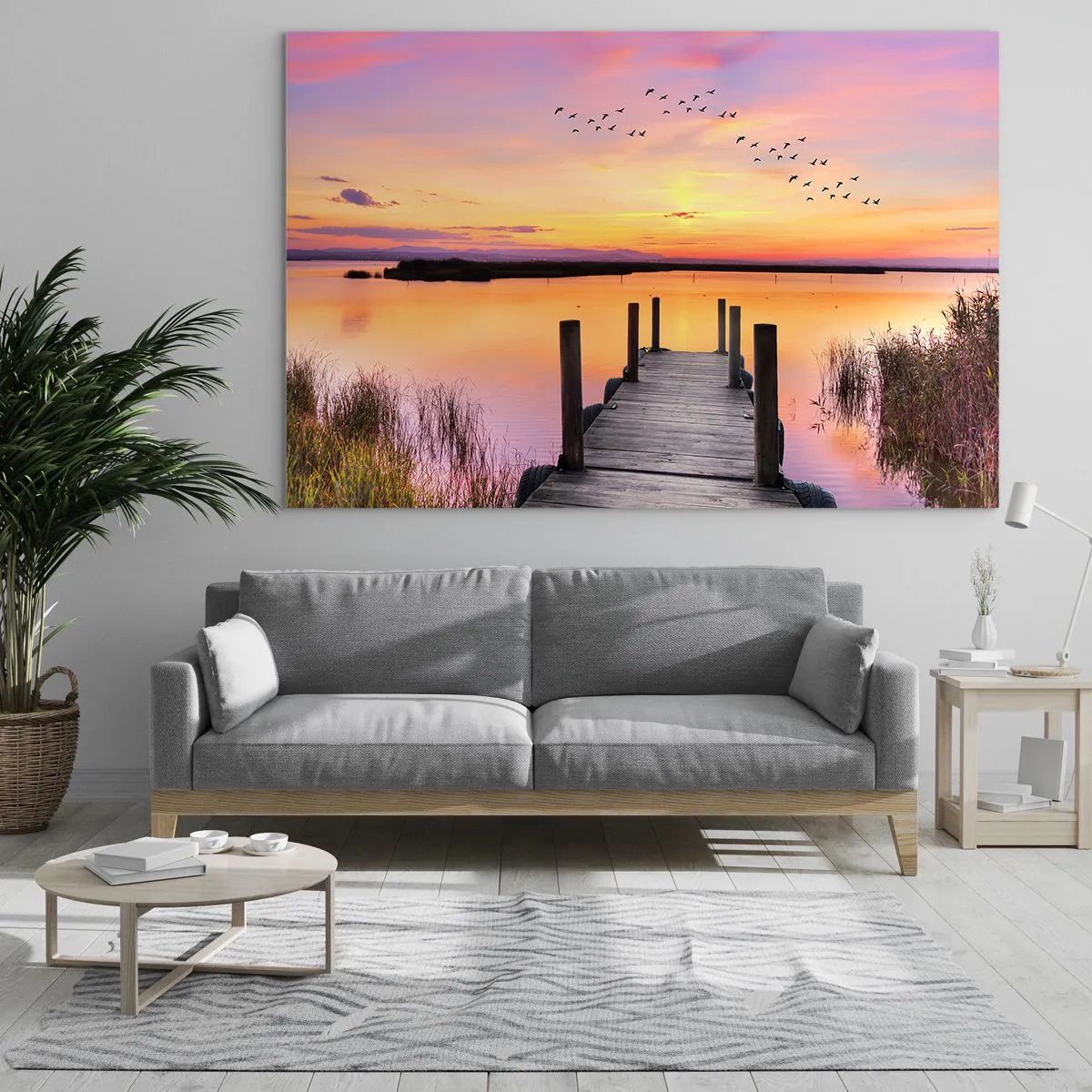 Quadro su vetro - Molo sul lago al tramonto con uccelli nel cielo - 70x50cm - Alba viola e silenziosa - Decorazione murale moderna per soggiorno e camera da letto ARTTOR