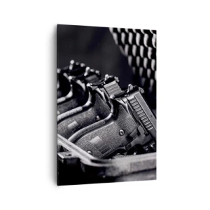 Quadro su tela - Stampe su Tela - Un'immagine in bianco e nero di una pila di armi in una valigia. - 70x100cm - Sport maschile - Decorazione murale moderna per soggiorno e camera da letto ARTTOR