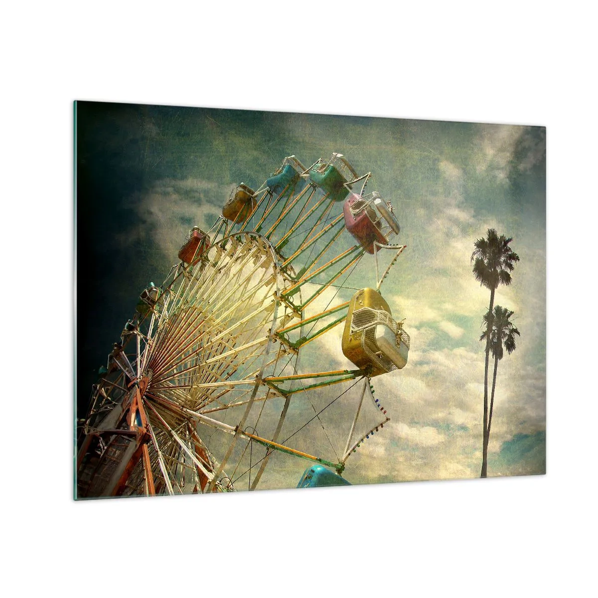 Quadro su vetro - Una ruota panoramica contro il cielo e palme in stile retrò - 70x50cm - Il divertimento comincia... - Decorazione murale moderna per soggiorno e camera da letto ARTTOR
