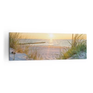 Quadro su tela - Stampe su Tela - Una spiaggia sabbiosa con vista sul tramonto sul mare - 160x50cm - Rumore del mare, uccelli che cantano, spiaggia selvatica tra i cespugli... - Decorazione murale moderna per soggiorno e camera da letto ARTTOR