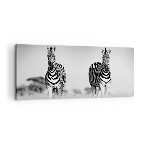 Quadro su tela - Stampe su Tela - Due zebre nella savana in stile monocromatico - 120x50cm - E tuttavia il mondo è bianco e nero - Decorazione murale moderna per soggiorno e camera da letto ARTTOR