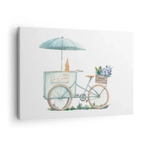 Quadro su tela - Stampe su Tela - Una bicicletta con gelato e fiori sotto un ombrellone in delicati colori pastello - 70x50cm - Dolce ricordo d'estate - Decorazione murale moderna per soggiorno e camera da letto ARTTOR