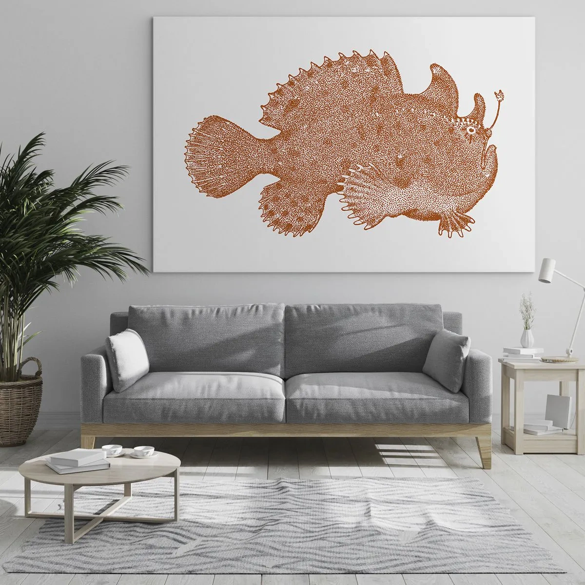 Quadro su vetro - Un disegno arrugginito di un pesce di profondità realizzato utilizzando la tecnica dei punti - 70x50cm - È davvero un pesce - Decorazione murale moderna per soggiorno e camera da letto ARTTOR