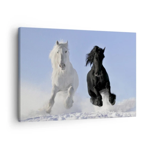 Quadro su tela - Stampe su Tela - Un cavallo bianco e uno nero che galoppano nella neve - 70x50cm - Galoppo in bianco e nero - Decorazione murale moderna per soggiorno e camera da letto ARTTOR