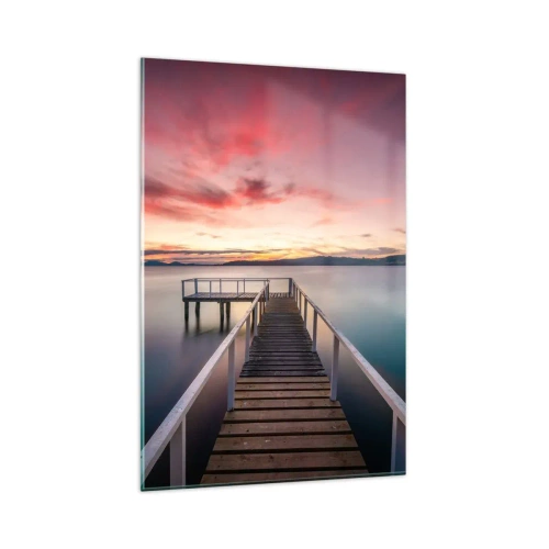 Quadro su vetro - Un molo che conduce a un lago tranquillo al tramonto - 80x120cm - La fiamma mite della sera - Decorazione murale moderna per soggiorno e camera da letto ARTTOR