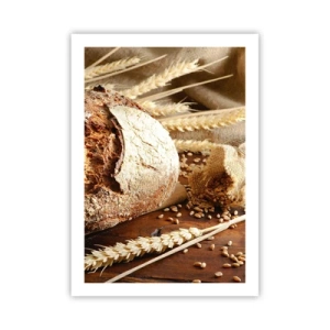 Poster - Pane su un tavolo di legno con spighe di grano - 50x70cm - Appetitoso, profumato, croccante - Decorazione murale moderna per soggiorno e camera da letto ARTTOR