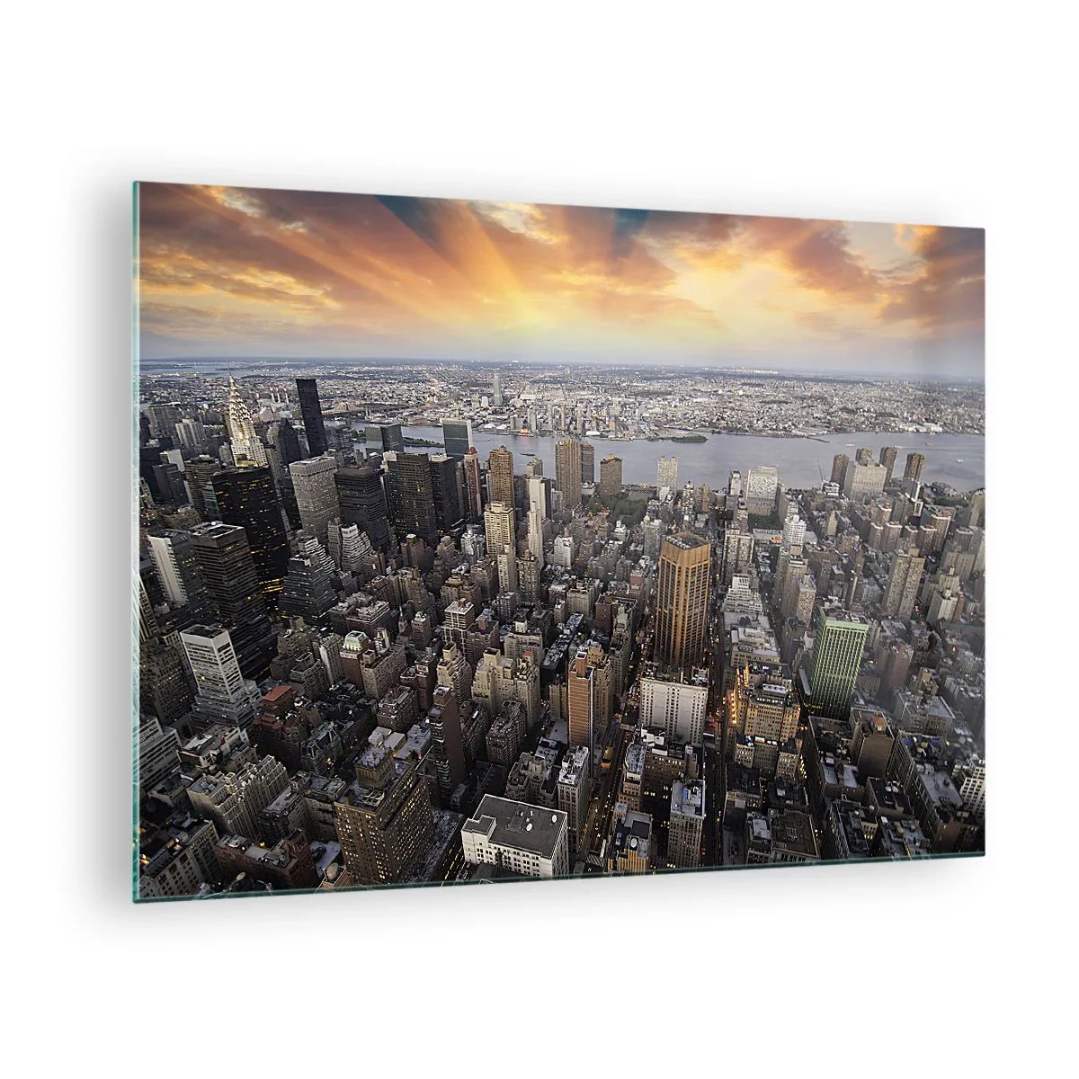 Quadro su vetro - Panorama della città con vista sui grattacieli al tramonto - 70x50cm - Il cuore pulsante dei nostri tempi - Decorazione murale moderna per soggiorno e camera da letto ARTTOR