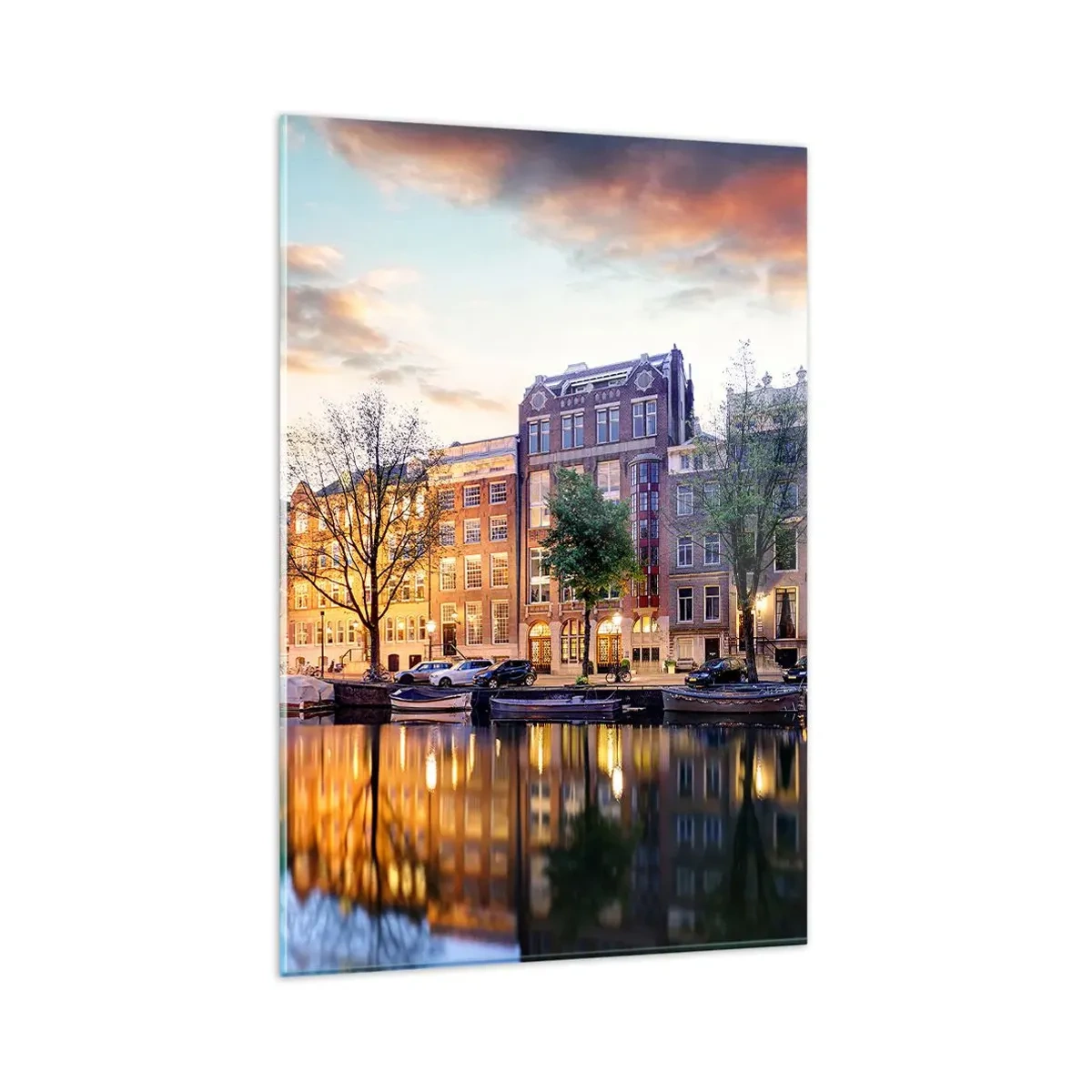 Quadro su vetro - Canale con il riflesso delle case popolari nella luce della sera - 80x120cm - Bellezza olandese riservata e tranquilla - Decorazione murale moderna per soggiorno e camera da letto ARTTOR