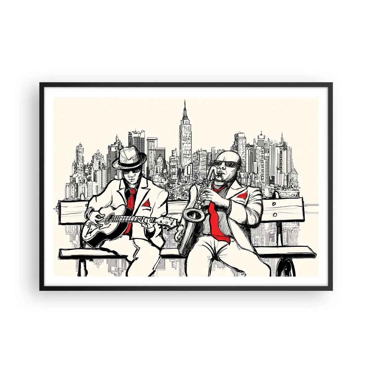 Poster in cornice nera - Un duo jazz con sassofono e chitarra sullo sfondo della città - 100x70cm - Improvvisare a New York - Decorazione murale moderna per soggiorno e camera da letto ARTTOR