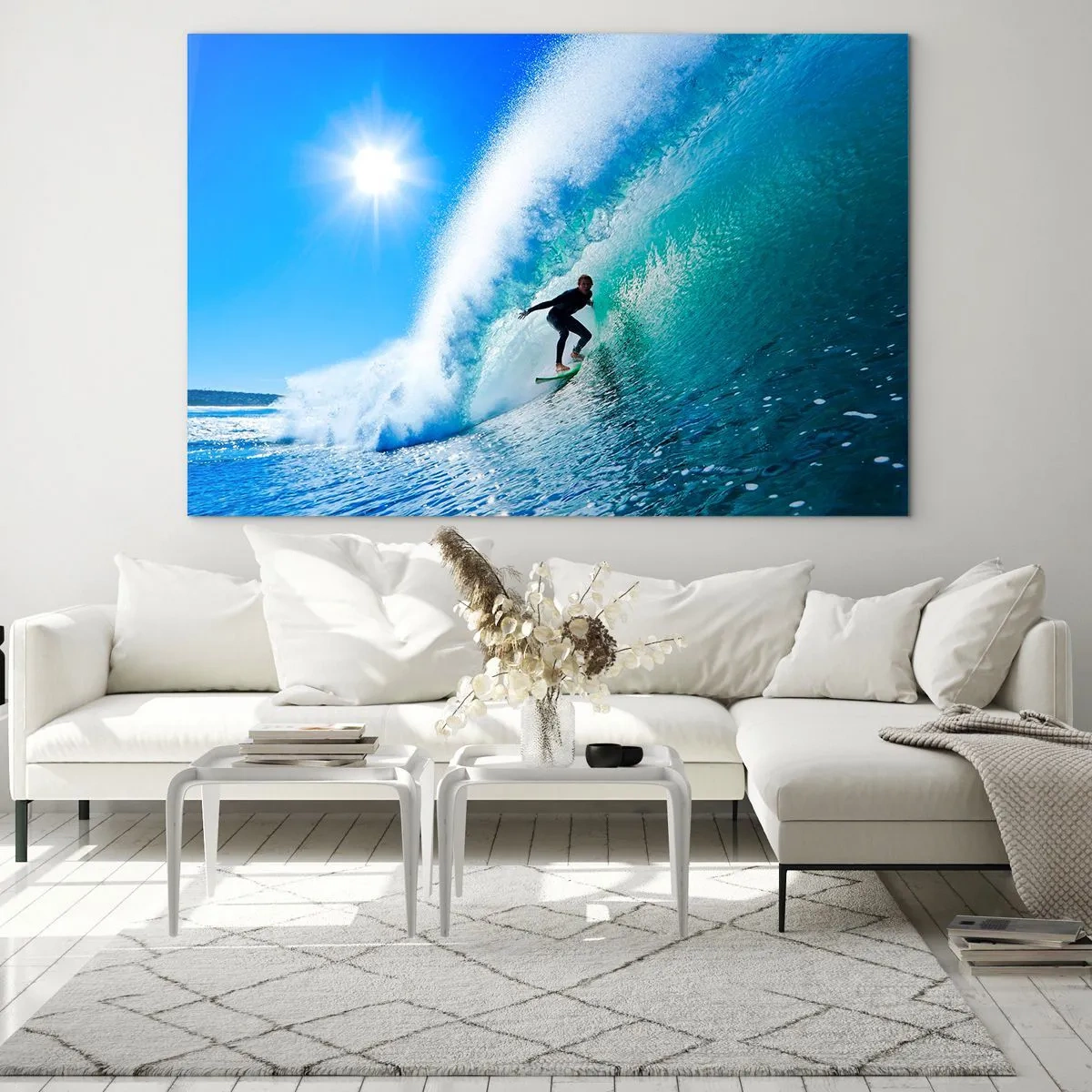 Quadro su vetro - Surfista su un'onda in una giornata di sole - 70x50cm - Attraverso il grande blu - Decorazione murale moderna per soggiorno e camera da letto ARTTOR
