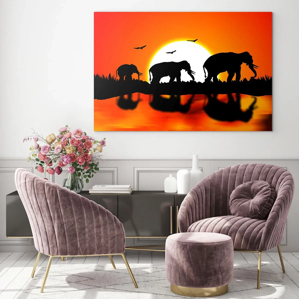 Quadro su vetro - Sagome di elefanti contro il sole al tramonto - 100x70cm - Un piccolo drink la sera - Decorazione murale moderna per soggiorno e camera da letto ARTTOR