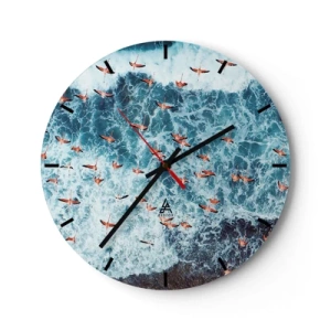 Orologio da parete - Orologio in Vetro - Uno stormo di fenicotteri sulle onde del mare visto da una prospettiva a volo d'uccello - 30x30cm - Parata sotto il mare - Decorazione murale moderna per soggiorno, cucina e camera da letto ARTTOR