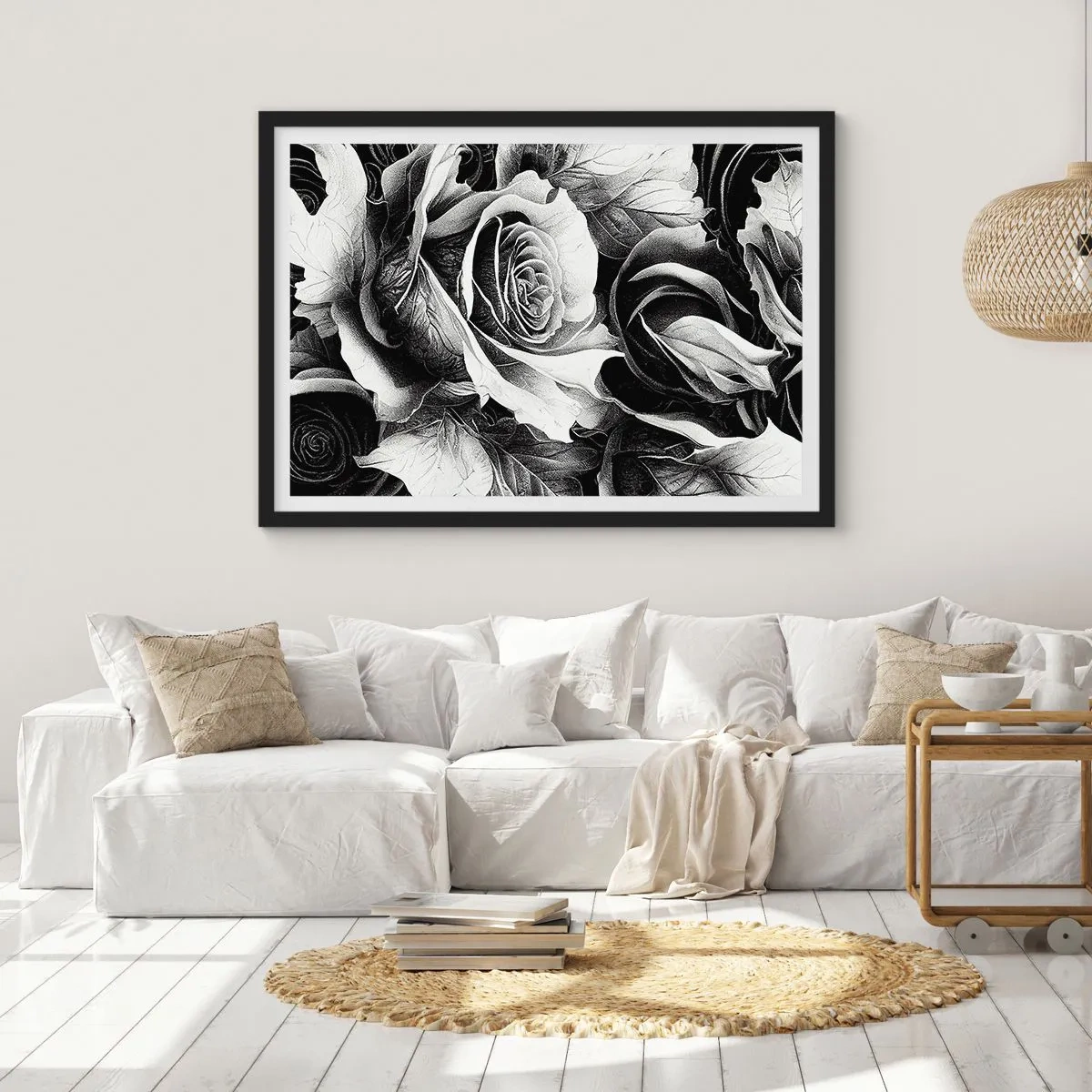 Poster in cornice nera - Rose bianche e nere in una composizione elegante - 70x50cm - Sempre regina - Decorazione murale moderna per soggiorno e camera da letto ARTTOR