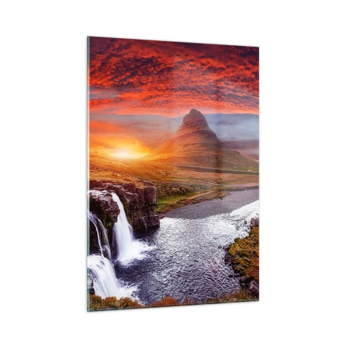 Quadro su vetro - Paesaggio montano con cascata e tramonto - 50x70cm - Paesaggio della Terra di Mezzo - Decorazione murale moderna per soggiorno e camera da letto ARTTOR