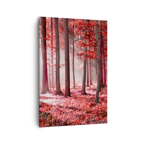 Quadro su tela - Stampe su Tela - Una splendida foresta dalle tonalità rosse con raggi di luce che penetrano attraverso gli alberi - 70x100cm - Anche rosso è bello - Decorazione murale moderna per soggiorno e camera da letto ARTTOR