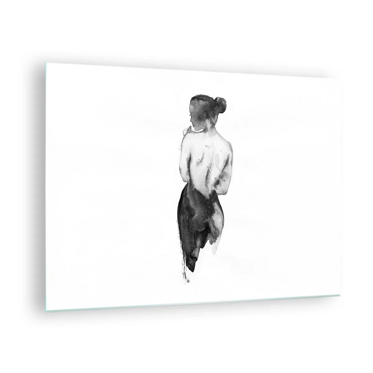 Quadro su vetro - Silhouette in bianco e nero di una donna in stile acquerello - 70x50cm - Accanto a lei il mondo scompare - Decorazione murale moderna per soggiorno e camera da letto ARTTOR
