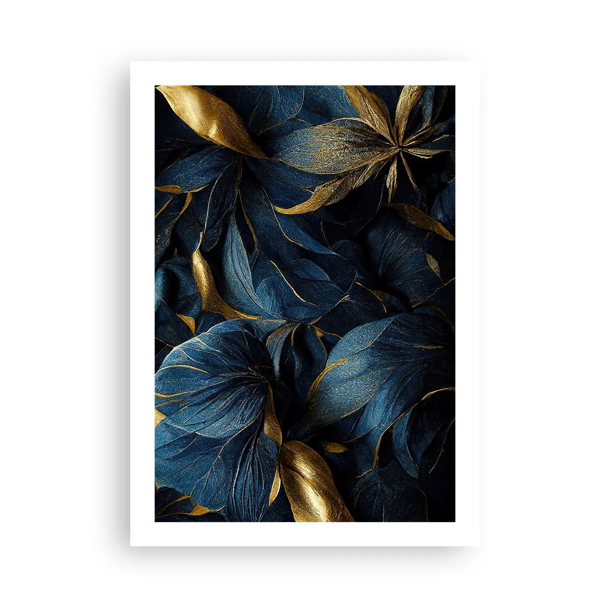 Poster - Foglie dorate su uno sfondo blu navy intenso - 50x70cm - Foderati d'oro - Decorazione murale moderna per soggiorno e camera da letto ARTTOR