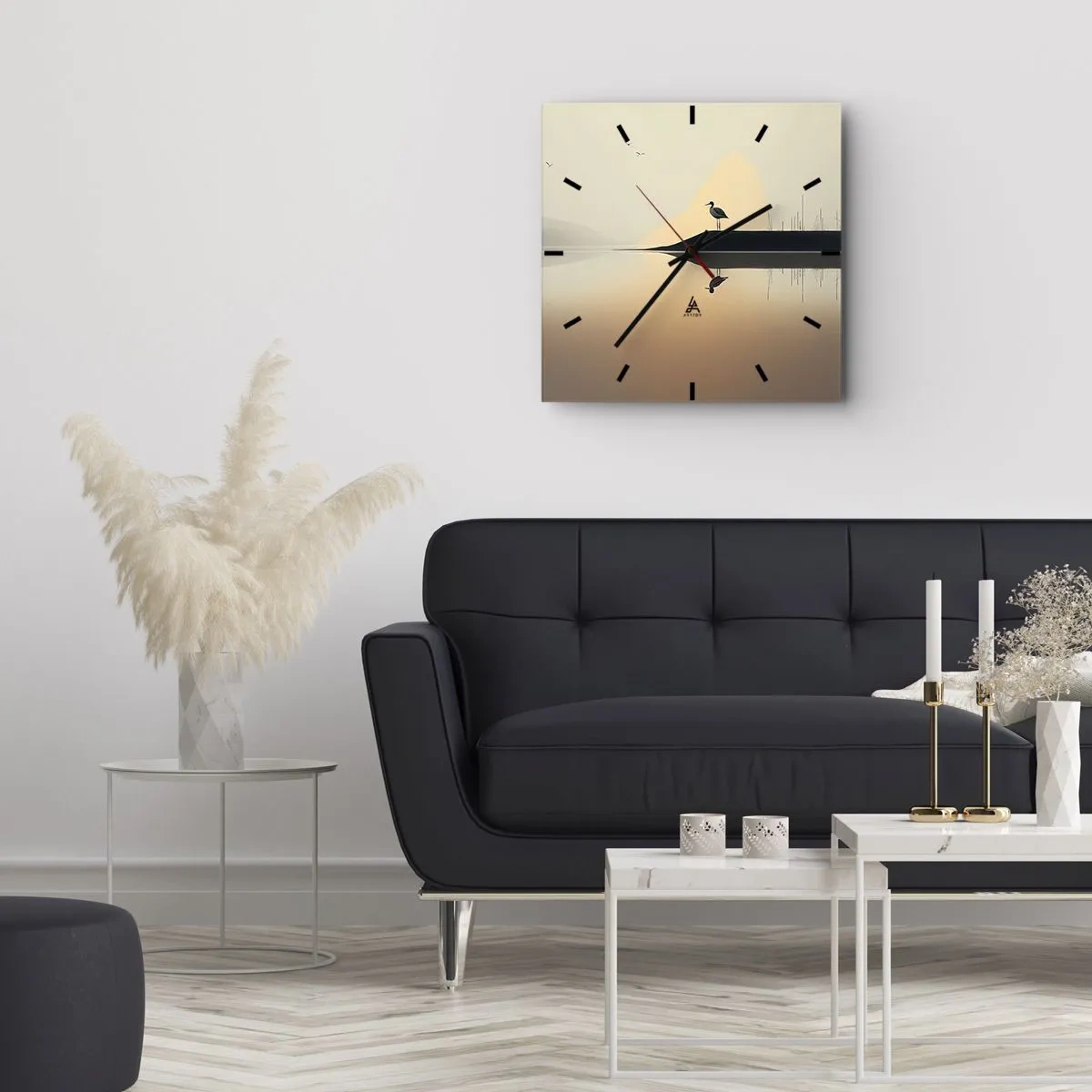 Orologio da parete - Orologio in Vetro - Un uccello su un'isola in un lago calmo con tonalità calde - 30x30cm - Il signore del lago - Decorazione murale moderna per soggiorno e camera da letto ARTTOR