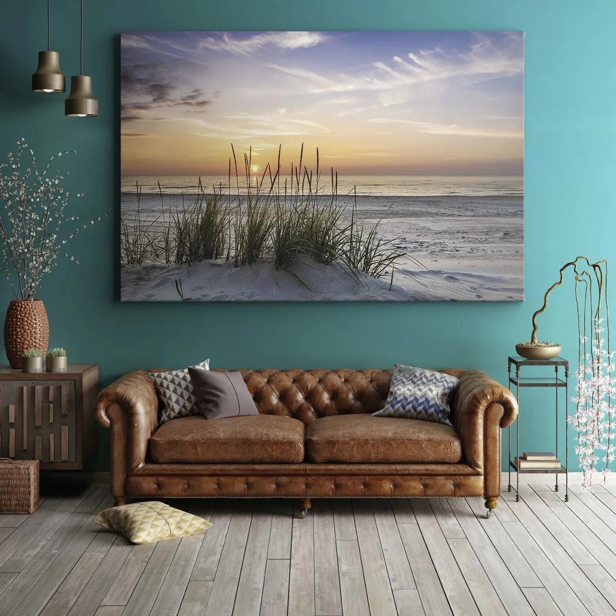 Quadro su tela - Stampe su Tela - Una spiaggia sabbiosa al tramonto con l'erba sullo sfondo - 100x70cm - Guarda, pensa, senti - Decorazione murale moderna per soggiorno e camera da letto ARTTOR