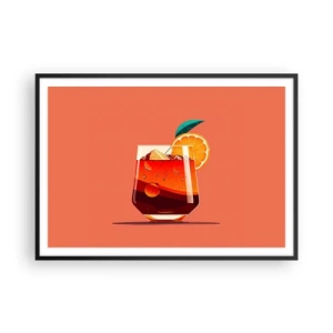 Poster in cornice nera - Un bicchiere di bevanda e una fetta d'arancia su uno sfondo arancione - 100x70cm - Rinfresco estivo - Decorazione murale moderna per soggiorno e camera da letto ARTTOR