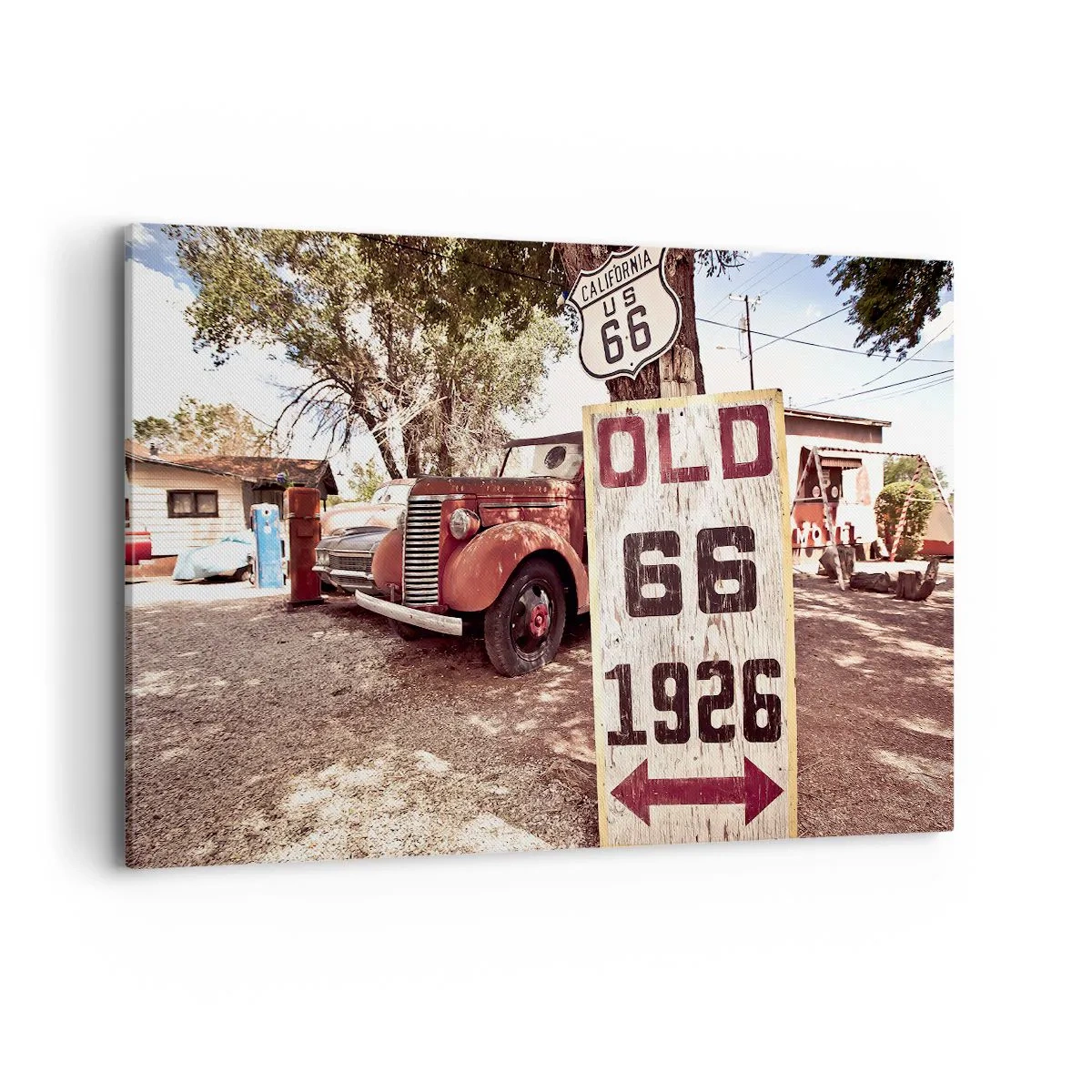 Quadro su tela - Stampe su Tela - Auto retrò e cartello della Route 66 in un ambiente rustico - 120x80cm - La leggenda della provincia americana - Decorazione murale moderna per soggiorno e camera da letto ARTTOR