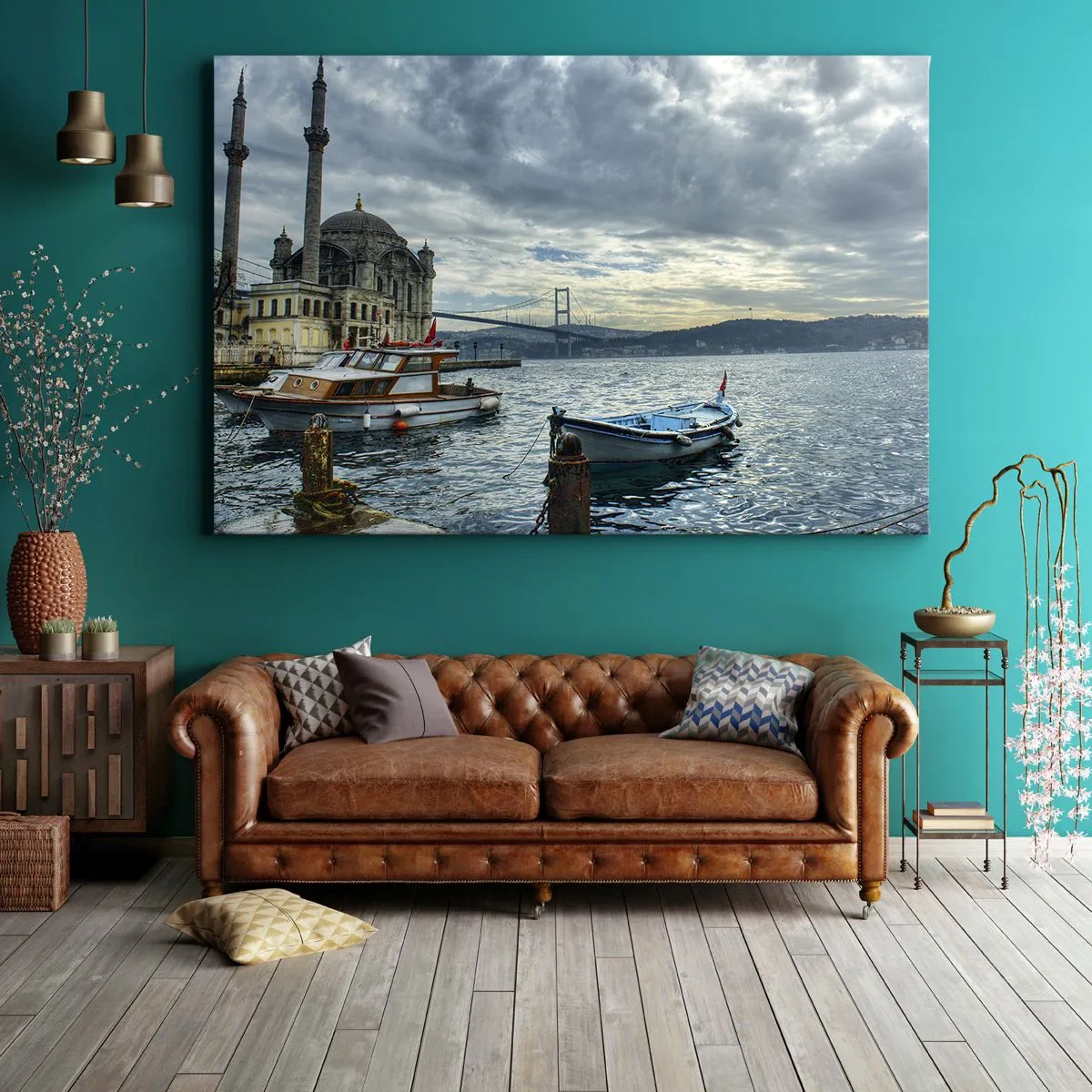 Quadro su tela - Stampe su Tela - Un edificio storico sull'acqua con barche e un ponte sullo sfondo - 120x80cm - Ai confini dei mondi - Decorazione murale moderna per soggiorno e camera da letto ARTTOR