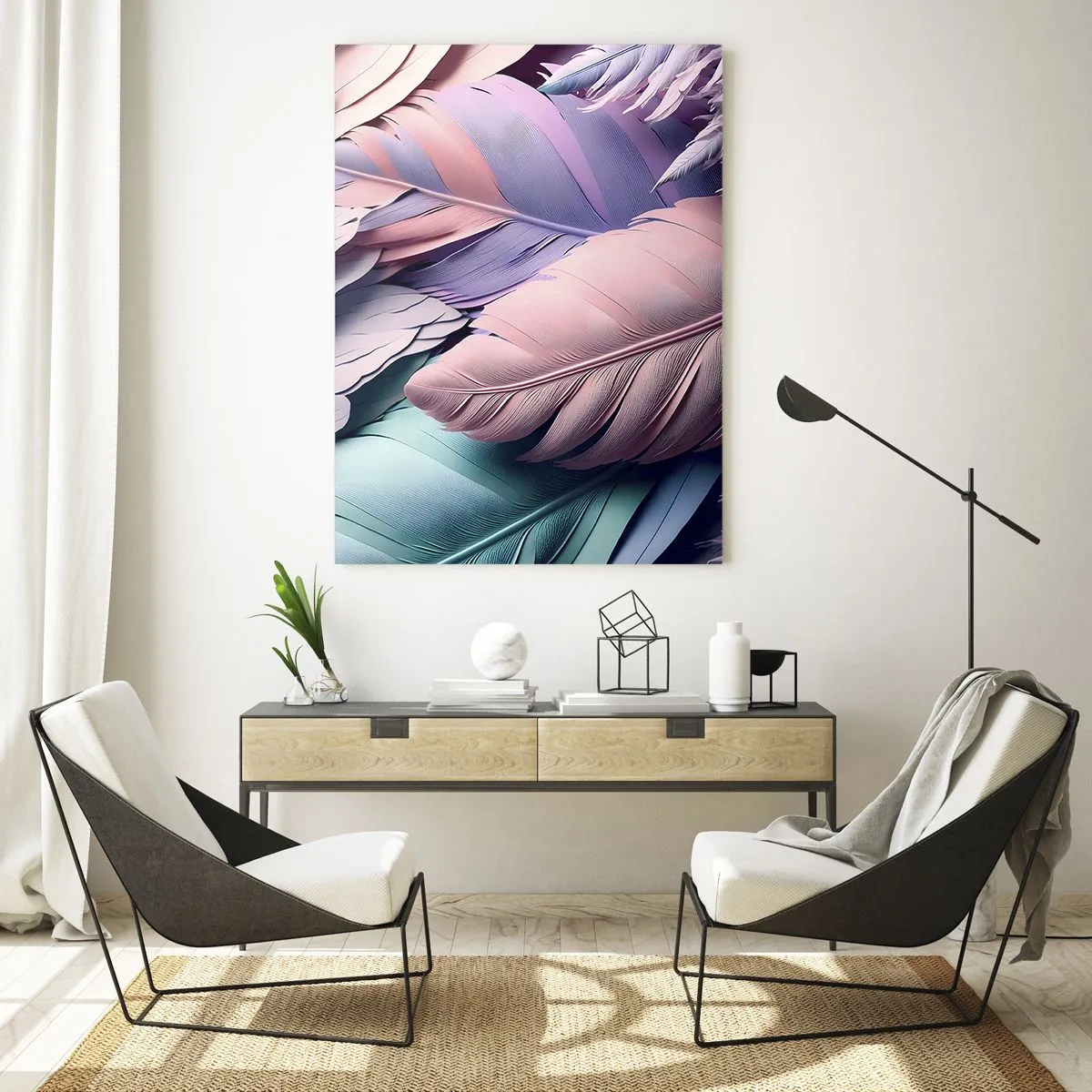 Quadro su vetro - Piume pastello nelle tonalità del rosa, viola e turchese - 50x70cm - Eleganza per uccelli - Decorazione murale moderna per soggiorno e camera da letto ARTTOR