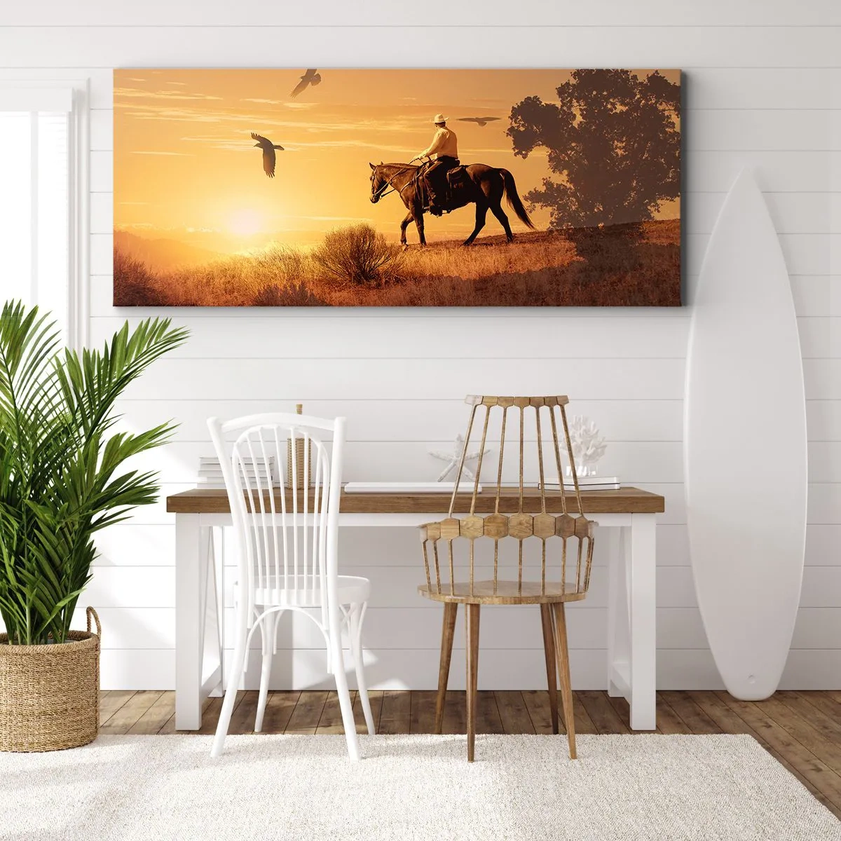 Quadro su tela - Stampe su Tela - Un cavaliere a cavallo al tramonto sullo sfondo della prateria - 160x50cm - Da solo nella prateria - Decorazione murale moderna per soggiorno e camera da letto ARTTOR