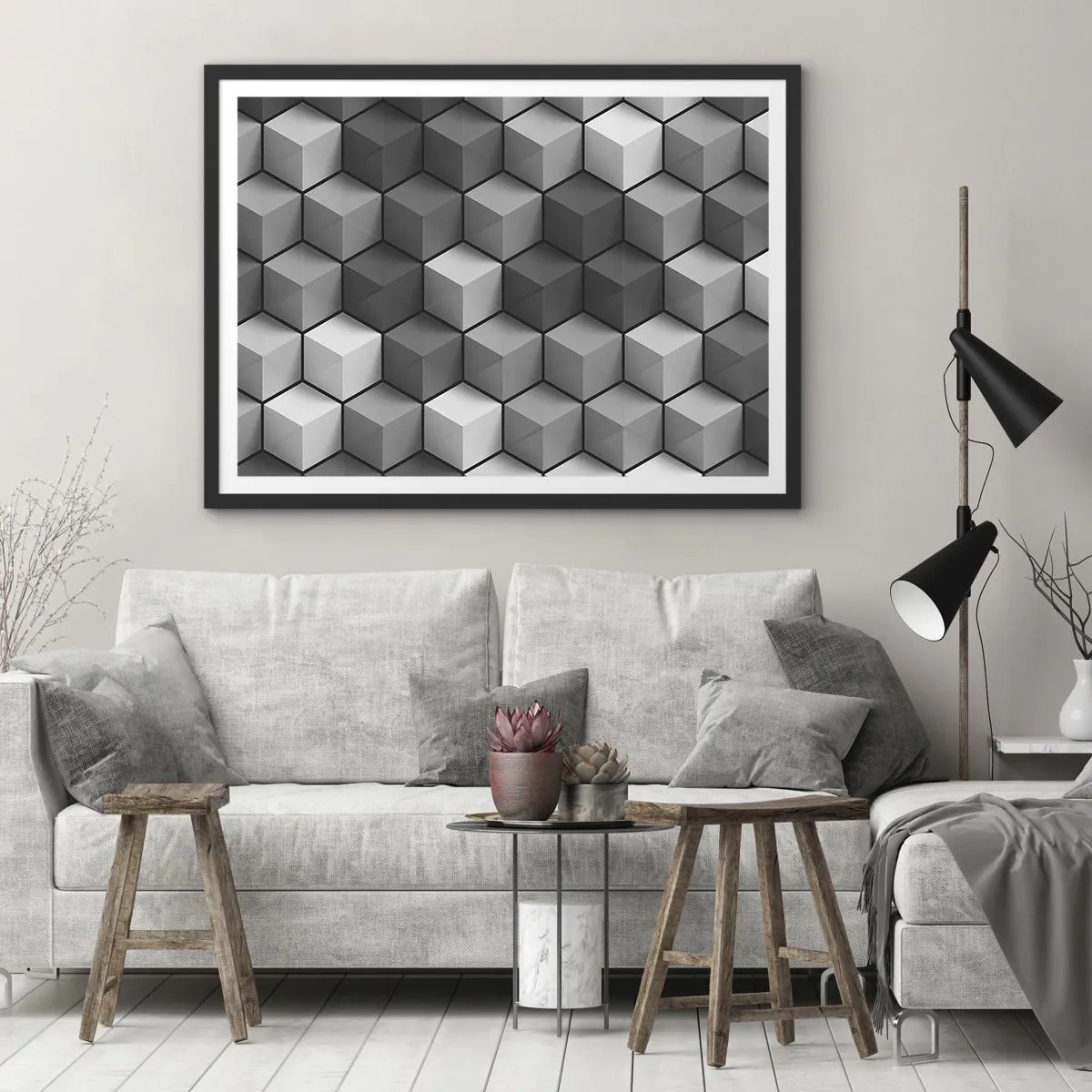 Poster in cornice nera - Composizione geometrica di cubi nelle tonalità del grigio e del nero - 70x50cm - Puzzle cubista - Decorazione murale moderna per soggiorno e camera da letto ARTTOR