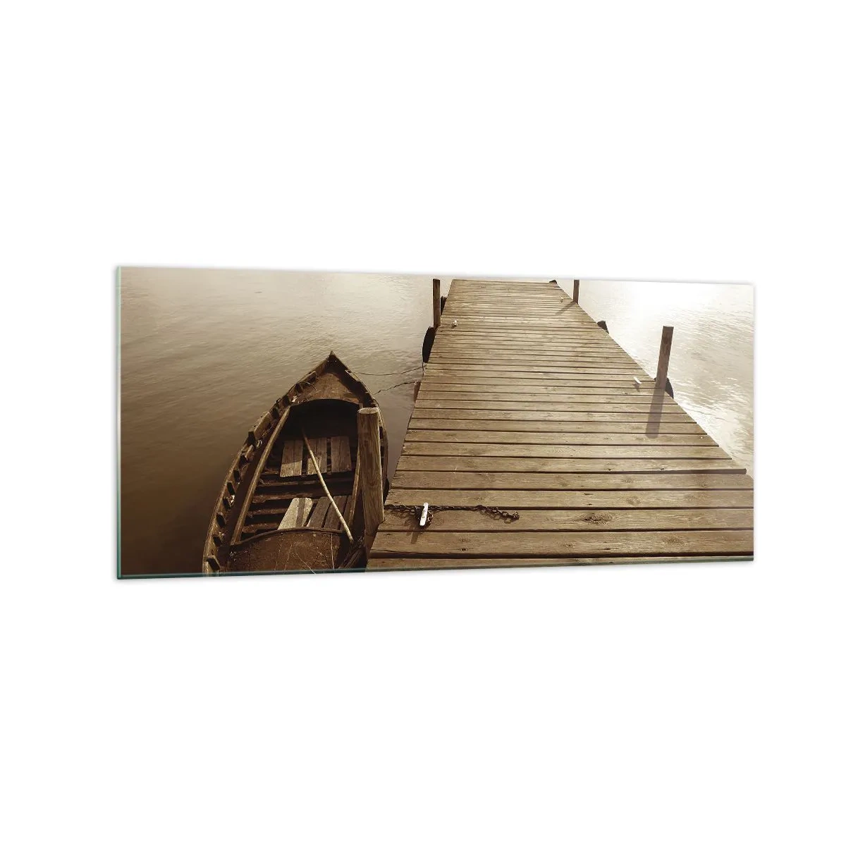 Quadro su vetro - Molo di legno e barca su un lago calmo - 120x50cm - La grande pace - Decorazione murale moderna per soggiorno e camera da letto ARTTOR