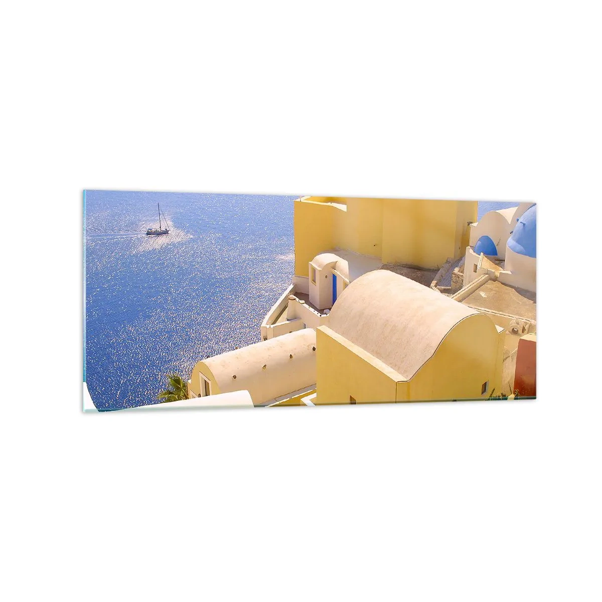 Quadro su vetro - Architettura greca con vista sul mare e una barca sullo sfondo - 120x50cm - Paesaggio greco in bianco e blu - Decorazione murale moderna per soggiorno e camera da letto ARTTOR