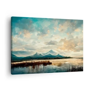 Quadro su tela - Stampe su Tela - Un paesaggio pittoresco con una montagna e un lago calmo - 70x50cm - Sotto la protezione del cielo - Decorazione murale moderna per soggiorno e camera da letto ARTTOR