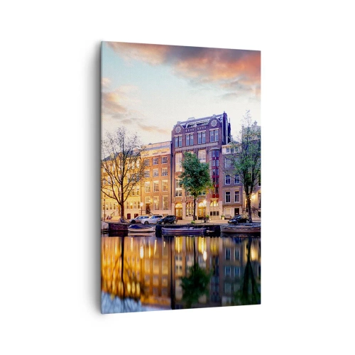 Quadro su tela - Stampe su Tela - Canale con il riflesso delle case popolari nella luce della sera - 80x120cm - Bellezza olandese riservata e tranquilla - Decorazione murale moderna per soggiorno e camera da letto ARTTOR