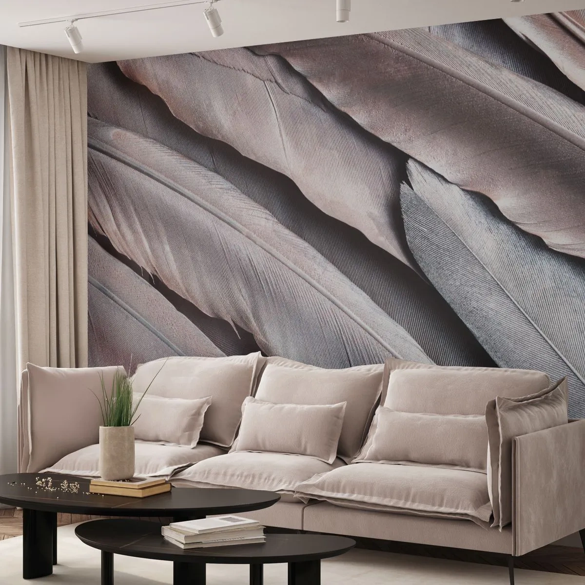 Fotomurali Premium Sand - Argento rosato - Piuma d'uccello, Grafica, Boho - 350x256 cm