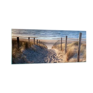 Quadro su vetro - Rumore del mare, uccelli che cantano, spiaggia selvatica tra i cespugli... - 100x40 cm