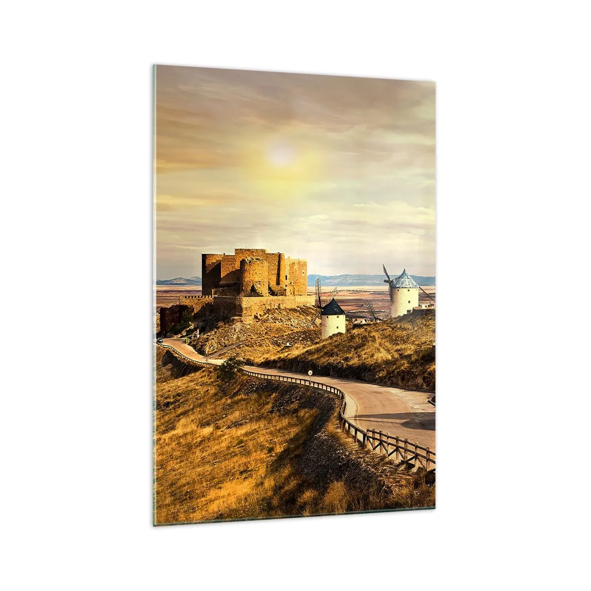 Quadro su vetro - Mulini a vento sulle colline con un castello storico sullo sfondo - 70x100cm - Adesso appare Don Chisciotte - Decorazione murale moderna per soggiorno e camera da letto ARTTOR