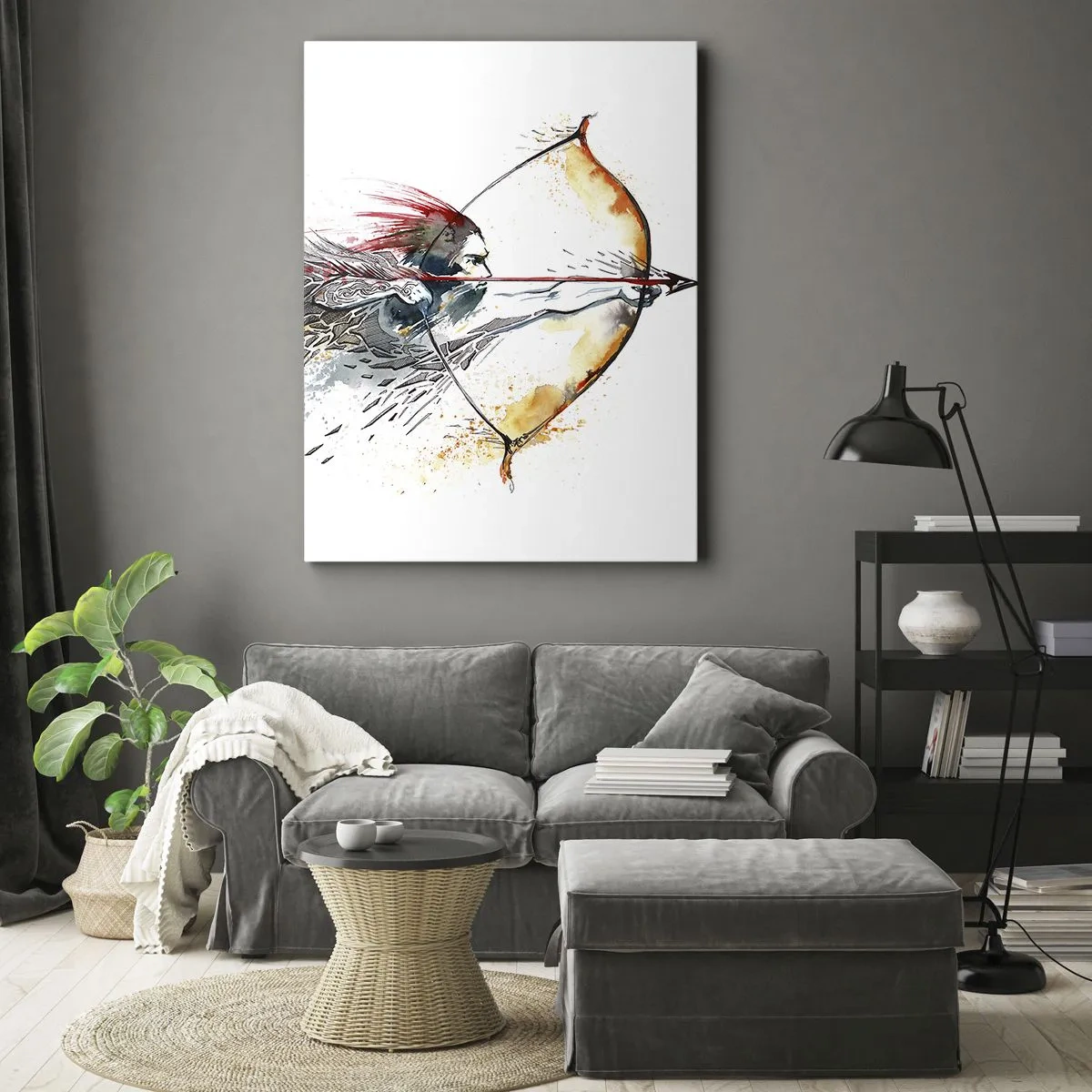 Quadro su tela - Stampe su Tela - Dipinto ad acquerello dinamico di un guerriero con arco e frecce - 70x100cm - Mitico guerriero con arco infuocato - Decorazione murale moderna per soggiorno e camera da letto ARTTOR