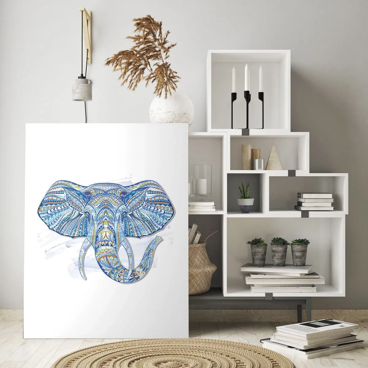 Quadro su vetro - Elefante blu in stile artistico con motivi geometrici - 50x70cm - Intarsiato con oro e blu - Decorazione murale moderna per soggiorno e camera da letto ARTTOR