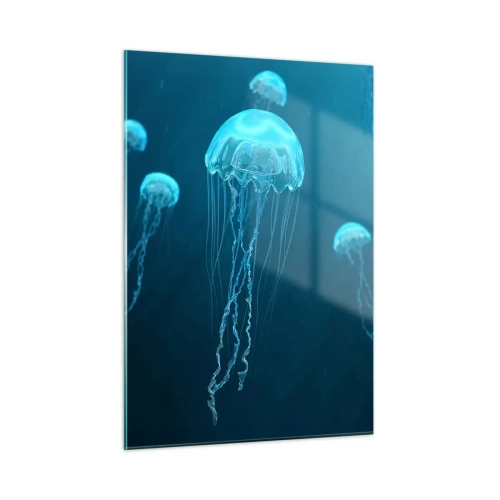 Quadro su vetro - Meduse che galleggiano nel profondo oceano blu - 50x70cm - La danza oceanica - Decorazione murale moderna per soggiorno e camera da letto ARTTOR